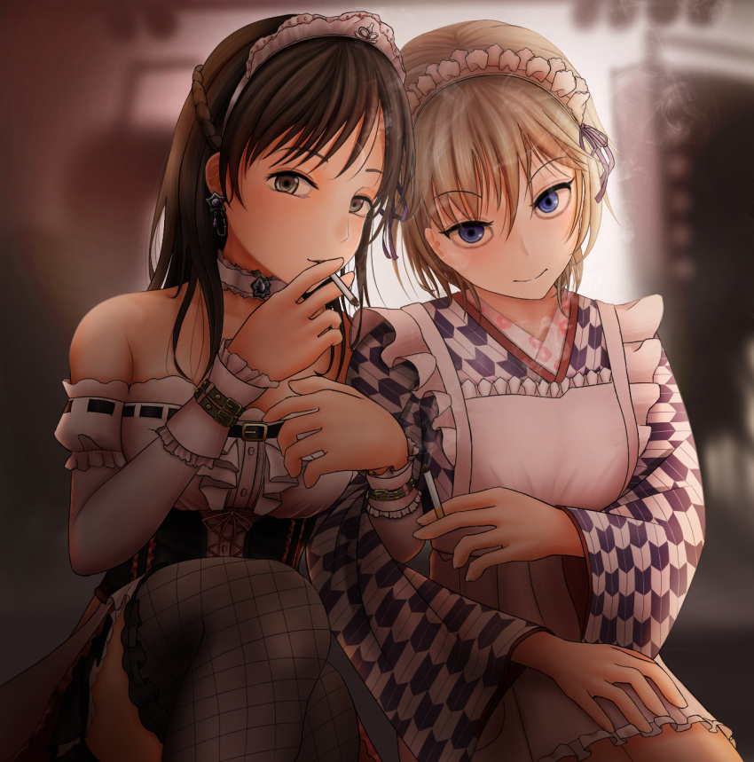 2girls anastasia_(idolmaster) apron bare_shoulders blue_eyes blurry brown_eyes brown_hair buckle choker cigarette corset depth_of_field detached_sleeves dress earrings fishnet_legwear fishnets hand_on_another's_thigh highres holding holding_cigarette idolmaster idolmaster_cinderella_girls japanese_clothes jewelry locked_arms long_hair long_sleeves looking_at_viewer love_laika maid maid_apron maid_headdress multiple_girls nitta_minami off-shoulder_dress off_shoulder revision short_hair side-by-side silver_hair sleeves_past_wrists smile smoke smoking testame thigh-highs wa_maid wide_sleeves yagasuri