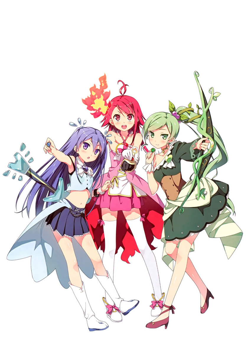 3girls :d antenna_hair asagi_asuka asymmetrical_clothes bare_shoulders blue_eyes blue_hair boots bow_(weapon) brooch criss-cross_halter fire full_body gloves green_eyes green_hair guitar halter_top halterneck high_heels highres holding instrument jewelry kantoku long_hair magical_girl magical_suite_prism_nana midriff multiple_girls navel open_mouth oribe_kotone outstretched_arm pleated_skirt ponytail red_eyes redhead scan shoes simple_background skirt smile thigh-highs washioka_itaru weapon white_background white_legwear zettai_ryouiki