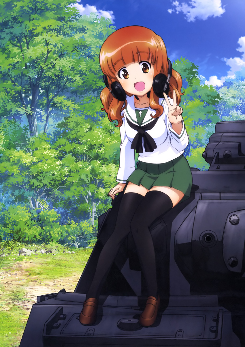 1girl :d absurdres arm_support black_legwear blush breasts brown_eyes brown_hair brown_shoes clouds collarbone eyebrows eyebrows_visible_through_hair girls_und_panzer green_skirt ground_vehicle head_tilt headphones headphones_around_neck highres knees_together_feet_apart leaning_forward loafers long_hair long_sleeves looking_at_viewer military military_vehicle motor_vehicle neckerchief official_art open_mouth outdoors panzerkampfwagen_iv pleated_skirt school_uniform serafuku shoes sitting skirt sky smile solo sugimoto_isao takebe_saori tank thigh-highs tree v