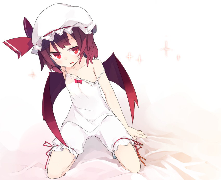 1girl aki_maki_yuu bat_wings bloomers blush camisole chemise full_body hat hat_ribbon highres kneeling looking_at_viewer mob_cap off_shoulder open_mouth purple_hair red_eyes remilia_scarlet ribbon short_hair sleeveless solo sparkle strap_slip touhou underwear white_background wings