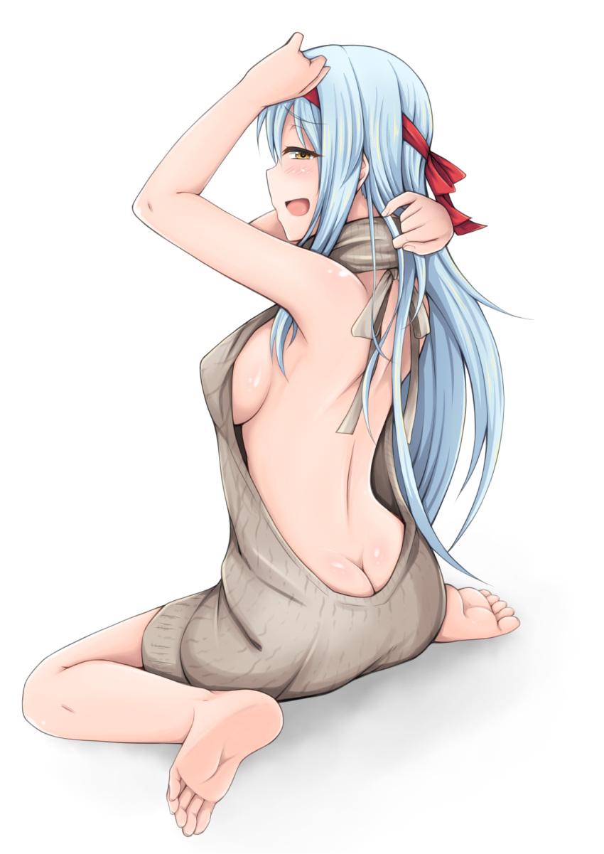 1girl alternate_costume ass backless_outfit bare_legs barefoot breasts butt_crack feet from_behind full_body hairband highres ippachi kantai_collection looking_at_viewer medium_breasts naked_sweater open_mouth shiny shiny_skin shoukaku_(kantai_collection) sideboob sitting smile soles solo sweater toes turtleneck white_hair yellow_eyes