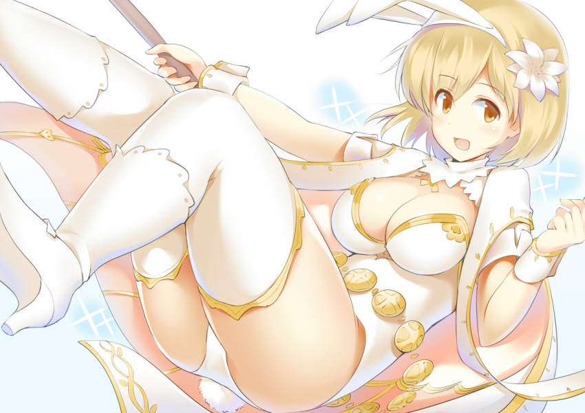 1girl animal_ears blonde_hair blush boots breasts brown_eyes cape cleavage djeeta_(granblue_fantasy) fake_animal_ears female flower gradient gradient_background granblue_fantasy hair_flower hair_ornament hairband high_heel_boots high_heels large_breasts leotard looking_at_viewer mocchi plant rabbit_ears sage_(granblue_fantasy) short_hair smile solo thigh-highs white_background white_legwear wrist_cuffs