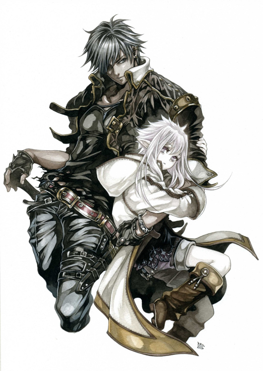 1boy 1girl arm_hug belt black_eyes black_hair boots bracelet child color_ink_(medium) contrapposto dagger earrings elf fantasy fingerless_gloves gloves grey_eyes head_tilt highres holster hood jewelry looking_at_viewer looking_back original pointy_ears short_hair shorts silver_hair simple_background sword thigh_holster triangle_mouth viii weapon white_background