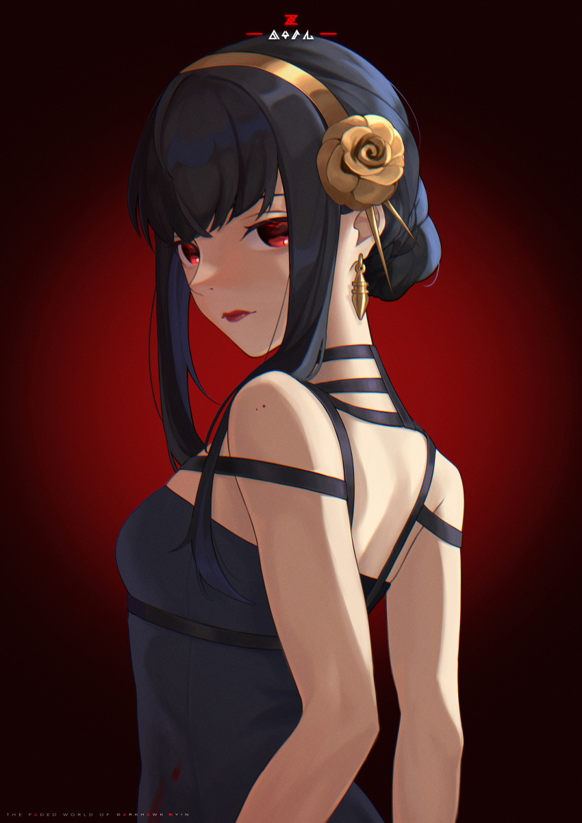 1girl absurdres bangs bare_arms black_hair breasts darkhawkayin earrings from_side hairband highres jewelry looking_to_the_side red_background red_eyes red_lips short_hair_with_long_locks sidelocks small_breasts solo spy_x_family upper_body yellow_hairband yor_briar