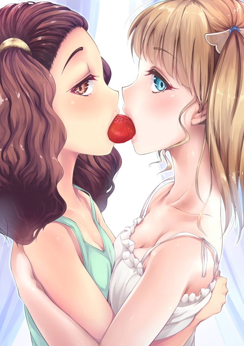 2girls absurdres amasora_taichi blonde_hair blue_eyes breast_press breasts brown_hair collarbone food fruit highres hug indirect_kiss long_hair looking_at_viewer looking_to_the_side multiple_girls original profile shared_food short_hair sleeveless small_breasts strawberry symmetrical_docking twintails yuri