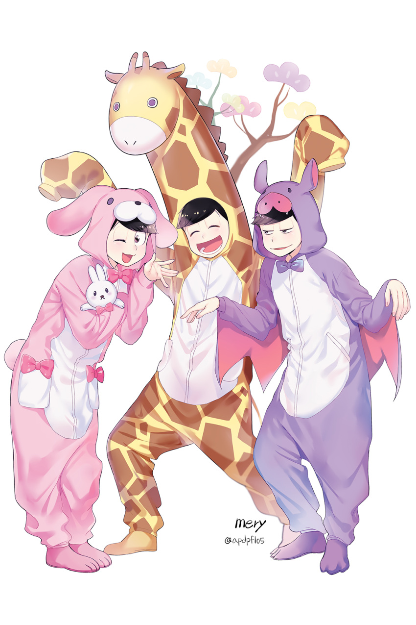 3boys ;3 ;d ^_^ animal_costume animal_ears arms_up artist_name bangs bat_costume bat_wings black_eyes black_hair bow branch brothers bunny_costume bunny_tail carrying closed_eyes cosplay eyebrows eyebrows_visible_through_hair fake_animal_ears fang full_body giraffe_costume hands_in_sleeves happy highres kigurumi legs_apart legs_together looking_at_viewer male_focus matsuno_ichimatsu matsuno_juushimatsu matsuno_todomatsu mery_(apfl0515) multiple_boys no_shoes one_eye_closed open_\m/ open_mouth osomatsu-kun osomatsu-san outstretched_hand palms pink_bow pocket purple_bow rabbit_ears siblings simple_background sleeves_past_wrists smile smirk standing stuffed_animal stuffed_bunny stuffed_toy tail teeth twitter_username white_background wings