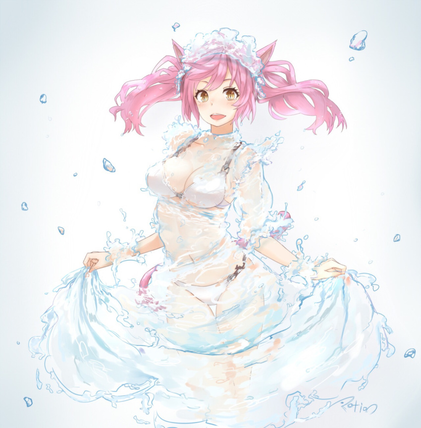 1girl animal_ears artist_name bikini blush bra breasts cat_ears cat_tail dress final_fantasy final_fantasy_xiv headdress highres large_breasts long_hair miqo'te open_mouth panties pink_hair potion_lilac(popopotionu) skirt_hold smile solo swimsuit tail twintails underwear water water_dress yellow_eyes