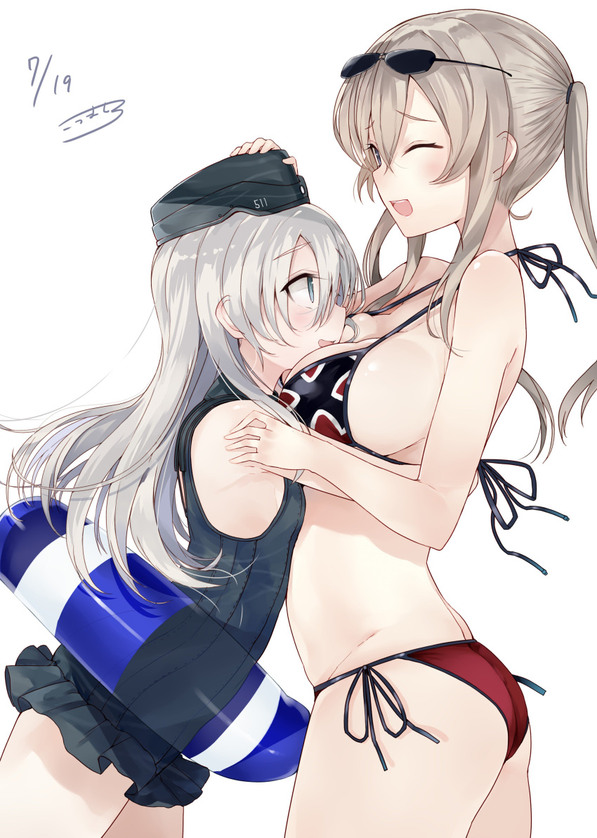 2girls absurdres alternate_costume alternate_hairstyle bikini blonde_hair breasts cowboy_shot glasses_on_head graf_zeppelin_(kantai_collection) hat highres innertube kantai_collection kou_mashiro large_breasts long_hair multiple_girls one_eye_closed peaked_cap ponytail sideboob small_breasts swimsuit u-511_(kantai_collection)