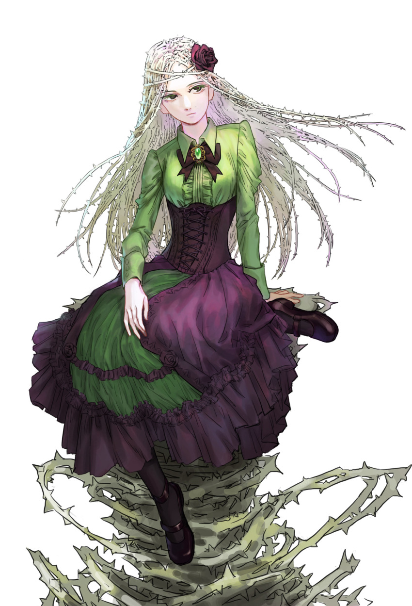 1girl boku_no_hero_academia bow bowtie corset crown_of_thorns dress flower full_body green_eyes green_hair hair_flower hair_ornament highres long_hair plant rose scy shiozaki_ibara shoes simple_background sitting solo thorns vines white_background