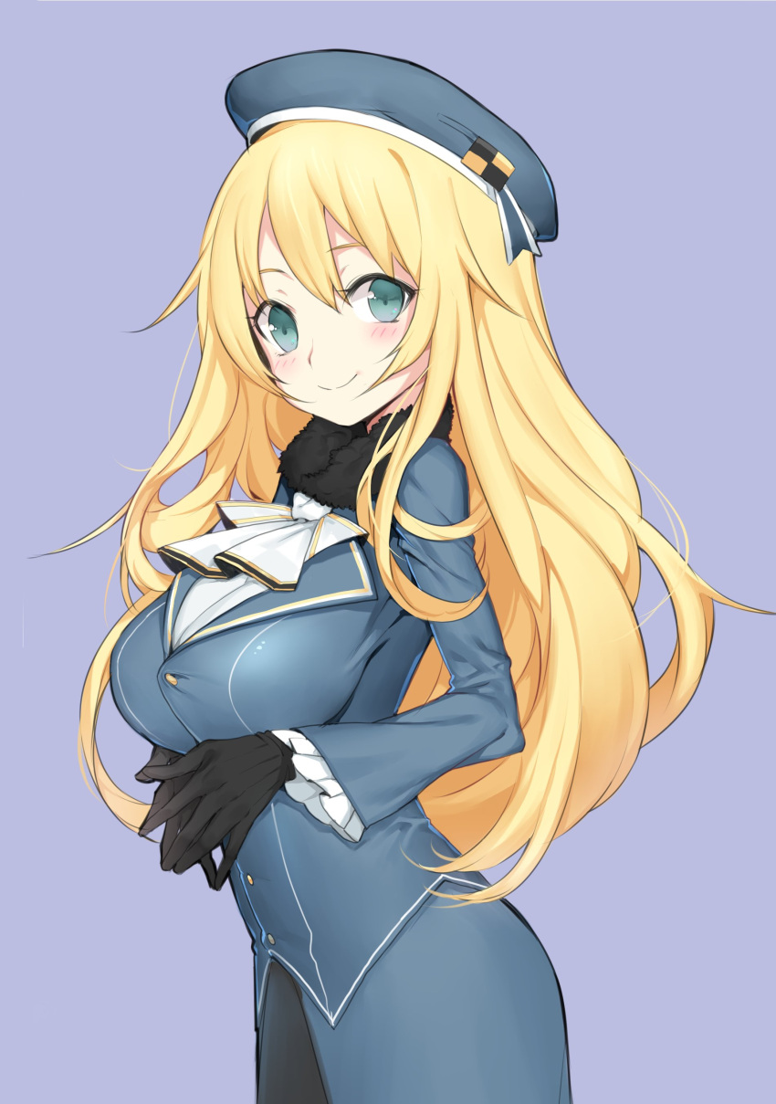 1girl absurdres aqua_eyes atago_(kantai_collection) battle_koala beret black_gloves blonde_hair bow bowtie breasts cowboy_shot fingers_together frilled_sleeves frills from_side fur_trim gloves hat highres kantai_collection large_breasts long_hair long_sleeves looking_at_viewer military military_uniform purple_background simple_background smile solo uniform wavy_hair