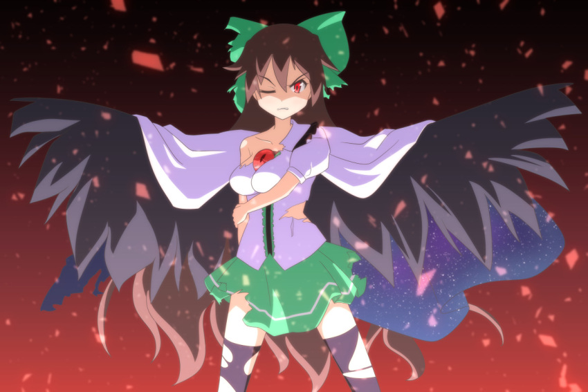 1girl angry bird_wings black_legwear black_wings bow breasts brown_hair cape cato_(monocatienus) clenched_teeth collarbone embers frown green_bow green_skirt grimace hair_bow long_hair one_eye_closed pantyhose puffy_sleeves red_eyes reiuji_utsuho shirt short_sleeves skirt solo teeth thigh-highs third_eye torn_clothes torn_shirt torn_skirt torn_thighhighs touhou very_long_hair wings