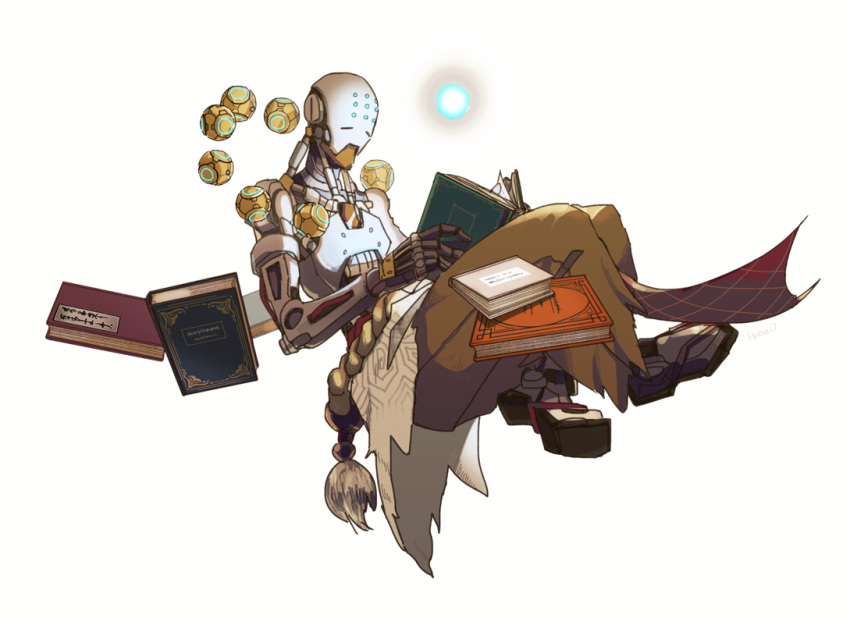 1boy baggy_pants book energy_ball floating full_body hamau humanoid_robot indian_style levitation loincloth monk no_humans omnic overwatch pants pelvic_curtain reading robot rope simple_background sitting solo sphere white_background zenyatta_(overwatch)