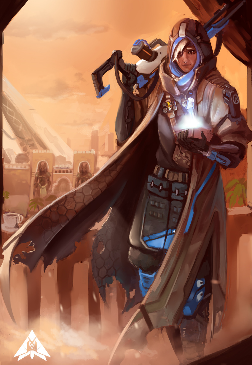 1girl absurdres ana_(overwatch) cloak eyepatch grey_hair gun highres hijab hologram hood mothman_(the_m0thman) old_woman over_shoulder overwatch rifle smile sniper_rifle solo weapon weapon_over_shoulder