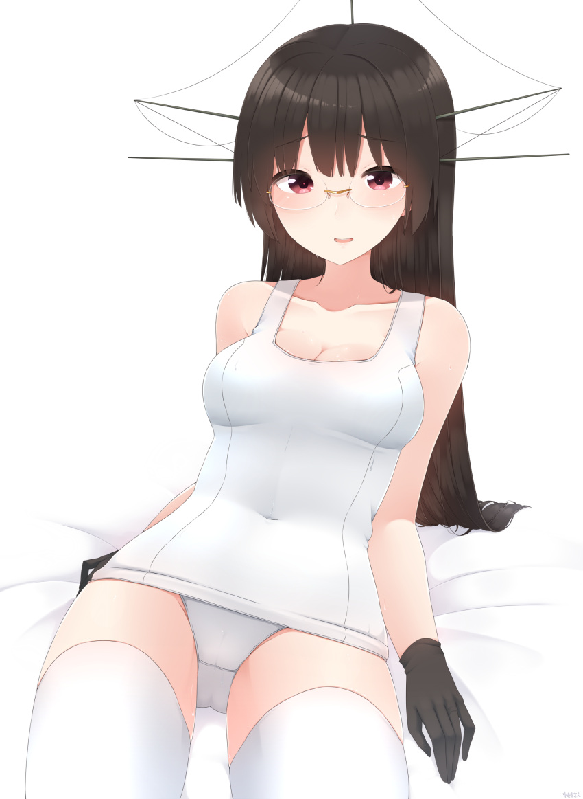 1girl absurdres black_gloves black_hair brown_hair choukai_(kantai_collection) glasses gloves hair_ornament headgear highres kantai_collection long_hair red_eyes rimless_glasses school_swimsuit smile solo swimsuit thigh-highs white_legwear white_school_swimsuit white_swimsuit yukichi_(sukiyaki39)