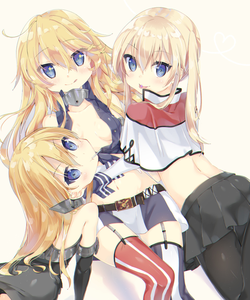 3girls absurdres all_fours alternate_breast_size bismarck_(kantai_collection) blonde_hair blue_eyes breasts candy elbow_gloves g-buri garter_straps gloves graf_zeppelin_(kantai_collection) highres iowa_(kantai_collection) kantai_collection lollipop lying miniskirt multiple_girls on_back on_stomach pantyhose skirt small_breasts star star-shaped_pupils striped striped_legwear symbol-shaped_pupils thigh-highs tongue tongue_out vertical-striped_legwear vertical_stripes younger