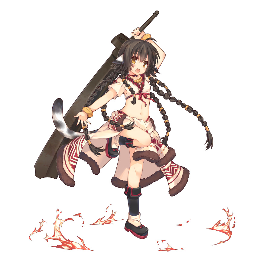1girl :d absurdres ahoge animal_ears anju_(utawarerumono) arms_up bangle bare_arms bare_legs black_shoes blush boots bracelet braid breasts brown_hair clothes_around_waist commentary_request eyebrows eyebrows_visible_through_hair eyelashes fire full_body fur_trim highres holding holding_sword holding_weapon jacket_around_waist jewelry jiang-ge long_hair looking_at_viewer midriff multiple_braids navel necklace one_leg_raised open_mouth panties red_ribbon ribbon shoes short_sleeves side-tie_panties small_breasts smile solo standing standing_on_one_leg sword tail transparent_background underwear utawareru_mono utawareru_mono:_itsuwari_no_kamen very_long_hair weapon white_coat yellow_eyes