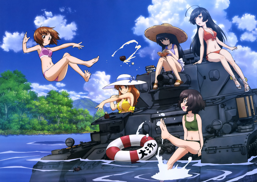 5girls :d :o absurdres ahoge akiyama_yukari arm_support barefoot bikini black_eyes black_hair blush book book_stack bookmark breasts brown_eyes brown_hair closed_mouth clouds collarbone crab english eyebrows eyebrows_visible_through_hair feet girls_und_panzer green_swimsuit ground_vehicle hat highres holding holding_book huge_ahoge isuzu_hana large_breasts lifebuoy long_hair looking_at_another lotion medium_breasts military military_vehicle motor_vehicle multiple_girls navel nishizumi_miho official_art one-piece_swimsuit open_book open_mouth outdoors outstretched_arm panzerkampfwagen_iv pink_swimsuit purple_swimsuit red_bikini reizei_mako sandals short_hair sideways_mouth sky small_breasts smile soles sugimoto_isao sun_hat sunscreen swimsuit takebe_saori tank toes tree very_long_hair water yellow_swimsuit