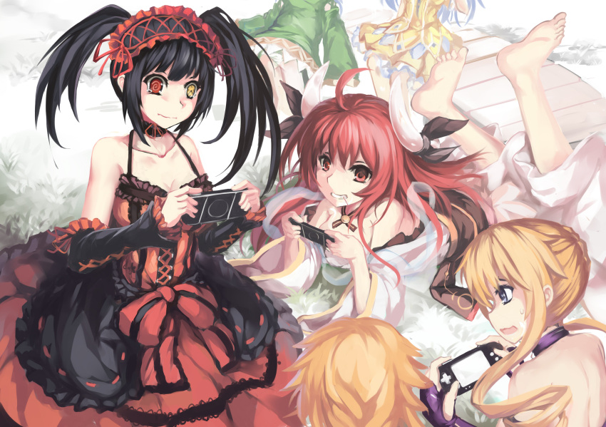 6+girls black_hair blonde_hair blue_eyes collar date_a_live game_console gloves headdress horns itsuka_kotori izayoi_miku lolita_fashion long_hair lu_hao_liang multiple_girls red_eyes redhead ribbons tokisaki_kurumi twins twintails yamai_kaguya yamai_yuzuru yoshino_(date_a_live)