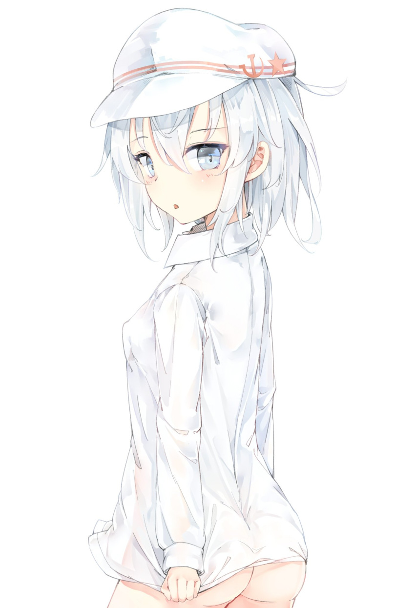 1girl alternate_hair_length alternate_hairstyle ass blouse blue_eyes breasts clothes_tug flat_cap from_behind hammer_and_sickle hat hibiki_(kantai_collection) highres kantai_collection looking_at_viewer no_panties no_pants open_mouth remodel_(kantai_collection) see-through short_hair silver_hair small_breasts somalisu verniy_(kantai_collection) white_blouse