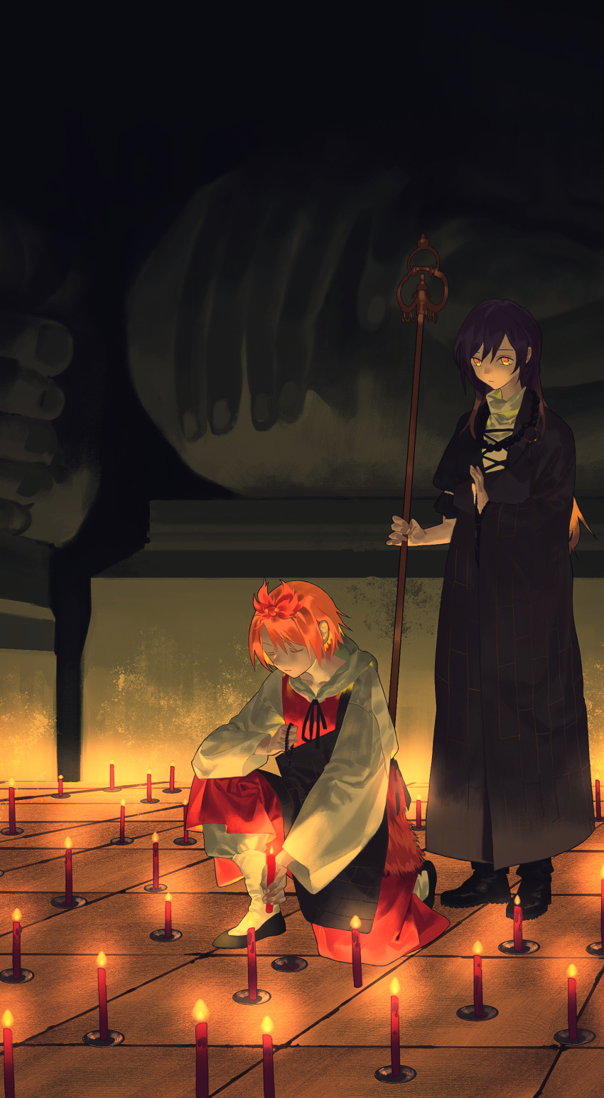 2girls absurdres beads blonde_hair boots candle candlelight closed_eyes gradient_hair high_collar highres hijiri_byakuren kesa kneeling long_hair multicolored_hair multiple_girls orange_eyes orange_hair ouka_musci prayer_beads praying purple_hair robe short_hair staff toramaru_shou touhou wide_sleeves yellow_eyes