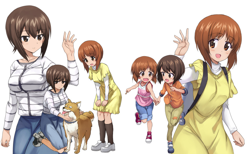 2girls ashiwara_yuu backpack bag bangs black_legwear black_shoes blue_skirt blush brown_eyes brown_hair casual cowboy_shot dog dress full_body girls_und_panzer hand_holding hands_on_own_knees highres kneeling layered_clothing layered_dress leaning_forward light_smile long_sleeves looking_at_another multiple_girls multiple_views nishizumi_maho nishizumi_miho official_style open_mouth pants pants_rolled_up petting running shiba_inu shirt shoes short_hair short_over_long_sleeves siblings simple_background sisters skirt smile socks standing striped striped_shirt t-shirt tank_top waving white_background white_shirt white_shoes yellow_dress younger