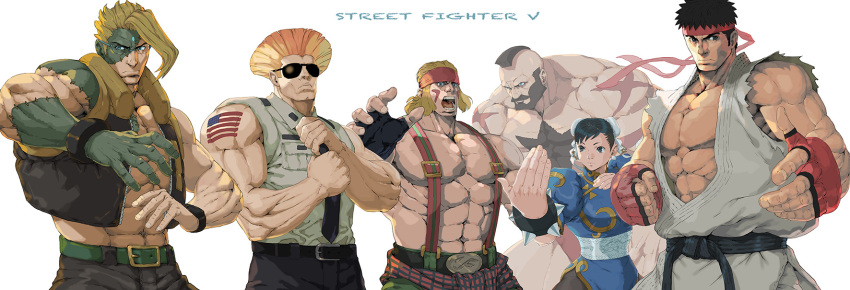 1girl 5boys alex_(street_fighter) american_flag black_hair blonde_hair blue_dress blue_eyes bracelet briefs brown_hair charlie_nash chest_hair china_dress chinese_clothes chun-li clenched_hand copyright_name dougi dress fighting_stance fingerless_gloves flattop forehead_jewel glasses gloves guile headband highres jewelry mohawk multiple_boys muscle nt_(gun-ash) open_clothes open_mouth open_vest rimless_glasses ryuu_(street_fighter) scar shirt shirtless sleeveless sleeveless_shirt spiked_bracelet spikes street_fighter street_fighter_v sunglasses suspenders tattoo underwear vest zangief zombie