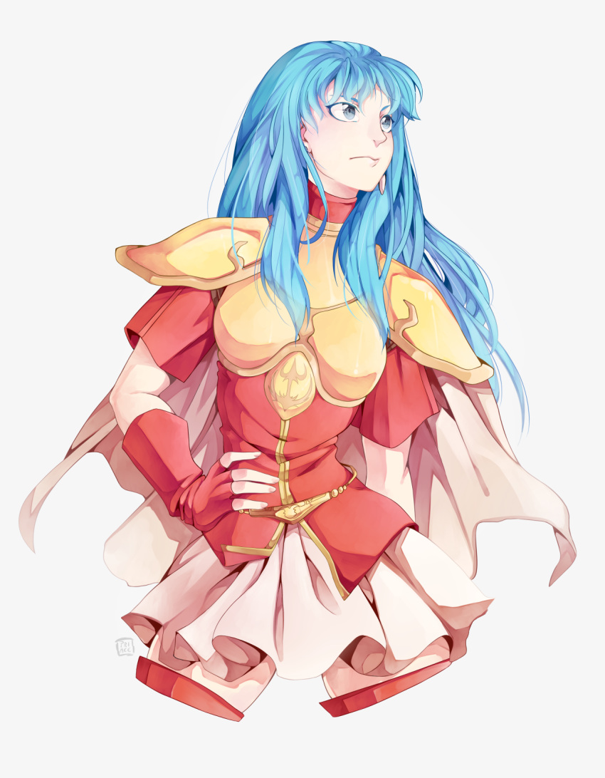 1girl armor artist_name blue_eyes blue_hair breastplate cape commentary cowboy_shot earrings eirika fingerless_gloves fire_emblem fire_emblem:_seima_no_kouseki gloves hand_on_hip highres jewelry long_hair looking_to_the_side priince signature simple_background skirt solo spaulders thigh-highs white_background zettai_ryouiki