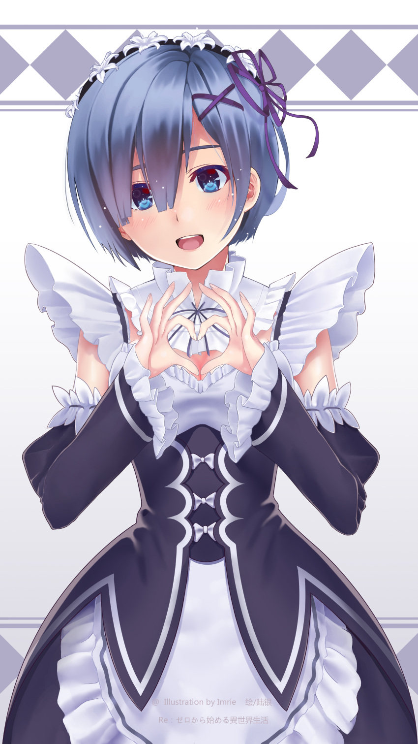 1girl :d absurdres apron artist_name blue_eyes blue_hair blush breasts cleavage copyright_name cowboy_shot detached_sleeves dress fingernails frilled_sleeves frills hair_ornament hair_over_one_eye head_tilt heart heart_hands highres lips looking_at_viewer maid maid_headdress medium_breasts nishiro_ryoujin open_mouth re:zero_kara_hajimeru_isekai_seikatsu rem_(re:zero) short_hair smile solo teeth underbust x_hair_ornament