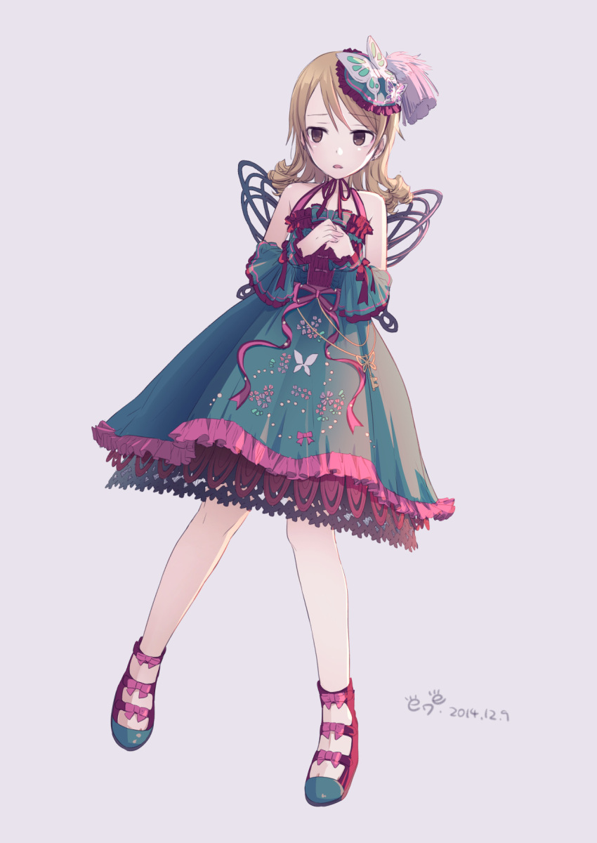 1girl 2014 bangs bare_shoulders bow brown_eyes butterfly butterfly_hair_ornament dated detached_sleeves dress drill_hair earrings fake_wings frilled_dress frills full_body hair_ornament hands_clasped hands_together highres idolmaster idolmaster_cinderella_girls ixima jewelry key legs_apart light_brown_hair light_frown morikubo_nono multicolored_dress no_socks open_mouth parted_lips purple_background ringlets shoe_bow shoes simple_background sleeveless sleeveless_dress solo swept_bangs w_arms wings
