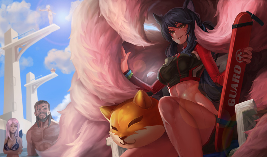 1boy 3girls ahri alternate_costume alternate_hairstyle animal_ears ashe_(league_of_legends) beard bike_shorts black_hair blurry breasts crop_top crossed_arms depth_of_field facial_hair facial_mark fox_ears fox_tail from_below goomrrat jealous large_breasts league_of_legends lips long_hair looking_at_another looking_at_viewer midriff mouse multiple_girls multiple_tails muscle open_mouth outdoors outstretched_arms pool riven_(league_of_legends) silver_hair sitting slit_pupils tail teemo toned tryndamere whisker_markings yellow_eyes