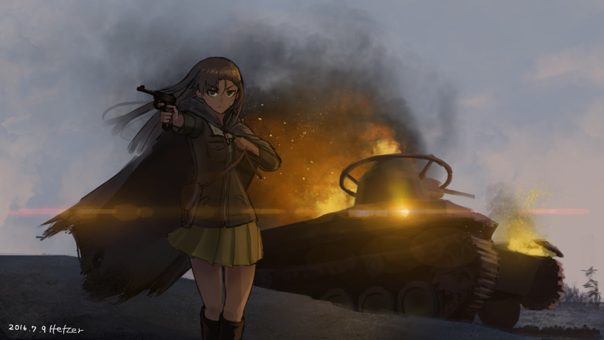 1girl artist_name asymmetrical_bangs bangs black_boots boots brown_eyes brown_hair brown_jacket cloak commentary female fire girls_und_panzer ground_vehicle gun handgun hettsuaa highres holding knee_boots long_hair long_sleeves looking_at_viewer military military_uniform military_vehicle miniskirt motor_vehicle nature nishi_kinuyo outdoors pistol plant pleated_skirt serious signature skirt sky smoke solo standing tank type_97_chi-ha uniform weapon weapon_request yellow_skirt
