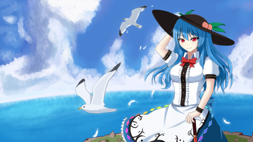 1girl bird blue_hair blush bow bowtie breasts damao_yu dress dress_shirt feathers floating_island food food_on_head fruit fruit_on_head hat highres hinanawi_tenshi holding holding_hat layered_dress long_hair looking_at_viewer medium_breasts object_on_head peach puffy_short_sleeves puffy_sleeves red_eyes seagull shirt short_sleeves sky smile solo sword_of_hisou touhou
