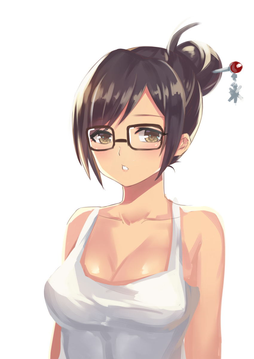 1girl black-framed_eyewear breasts brown_eyes brown_hair cleavage collarbone glasses hair_bun hair_ornament hair_stick highres large_breasts looking_at_viewer mei_(overwatch) o-yatsu overwatch parted_lips shirt short_hair simple_background sketch solo tank_top upper_body white_background white_shirt