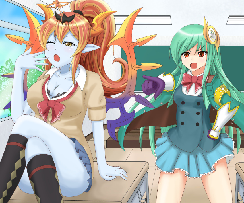 2girls :o ahoge angry athena_(p&amp;d) black_bra blue_skin blush bow bra bra_slip breasts brown_eyes classroom cleavage demon_girl desk gloves green_hair hair_ornament halo hand_on_hip hera-ur_(p&amp;d) hera_(p&amp;d) highres horns jacket lace lace-trimmed_bra large_breasts legs_crossed long_hair mechanical_wings mimix33 multiple_girls on_desk one_eye_closed orange_hair pleated_skirt pointing pointy_ears puzzle_&amp;_dragons school_desk school_uniform sitting sitting_on_desk skirt sweater underwear vambraces wings yawning yellow_eyes