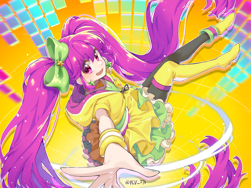 1girl absurdly_long_hair aino_megumi asymmetrical_footwear black_thighhighs boots bow cure_lovely cure_lovely_(lollipop_hip_hop) earrings floating_hair green_bow green_nails green_skirt hair_bow hair_ornament happinesscharge_precure! highres hood hood_down hooded_sweater jewelry layered_skirt long_hair looking_at_viewer looking_to_the_side miniskirt multicolored_clothes multicolored_skirt nail_polish open_mouth outstretched_arm plv_276 precure purple_hair red_eyes skirt solo star_(symbol) star_earrings star_hair_ornament sweater thigh-highs thigh_boots twintails very_long_hair white_skirt wristband yellow_footwear yellow_skirt yellow_sweater