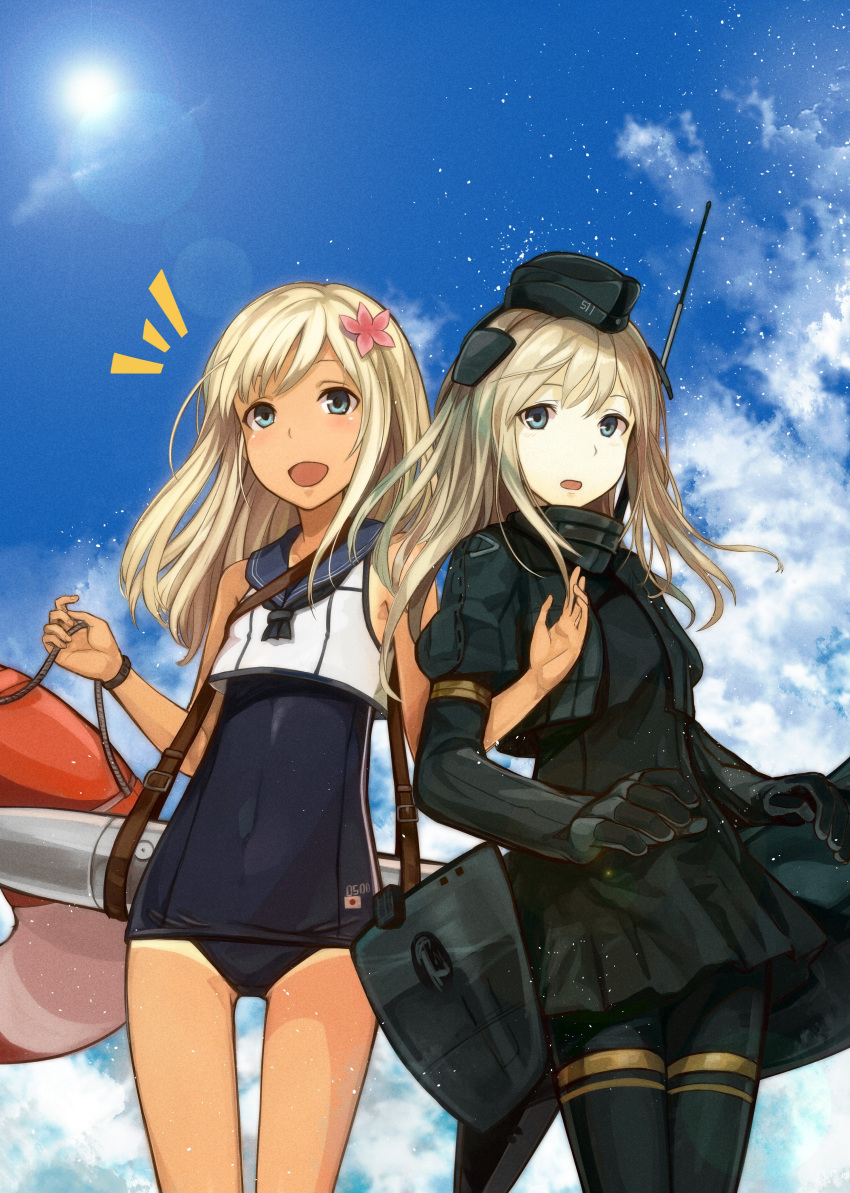 /\/\/\ 2girls :d absurdres black_legwear blonde_hair blue_eyes blush covered_navel cowboy_shot crop_top cropped_jacket dual_persona flower garrison_cap hair_flower hair_ornament hat highres juliet_sleeves kantai_collection kazabana_fuuka kriegsmarine lens_flare lifebuoy locked_arms long_hair long_sleeves looking_at_viewer military military_uniform multiple_girls open_mouth pantyhose puffy_sleeves ro-500_(kantai_collection) sailor_collar school_swimsuit smile sunlight swimsuit swimsuit_under_clothes tan tanline thighband_pantyhose torpedo u-511_(kantai_collection) uniform