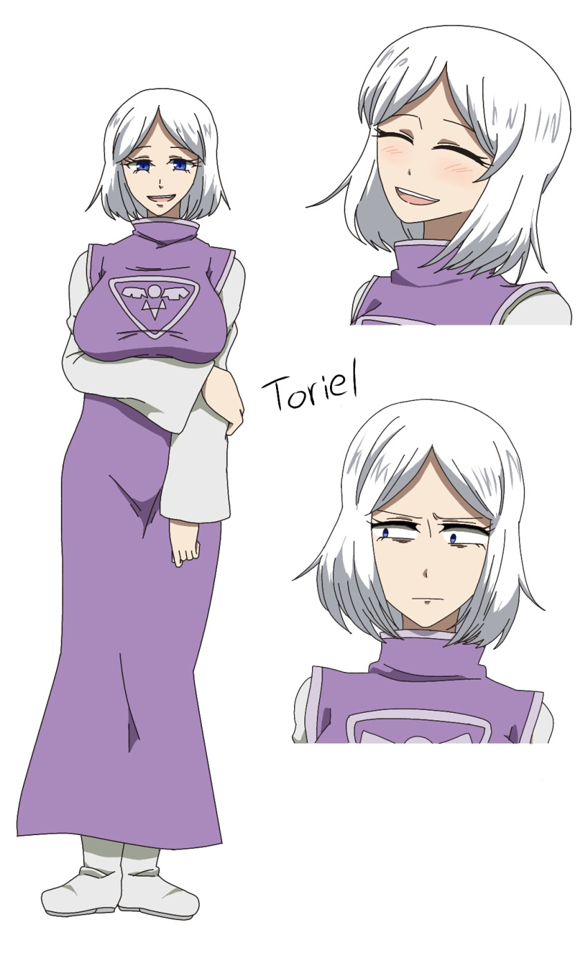 1girl blue_eyes boots breasts character_sheet dress female personification short_hair simple_background solo toriel undertale white_background white_hair