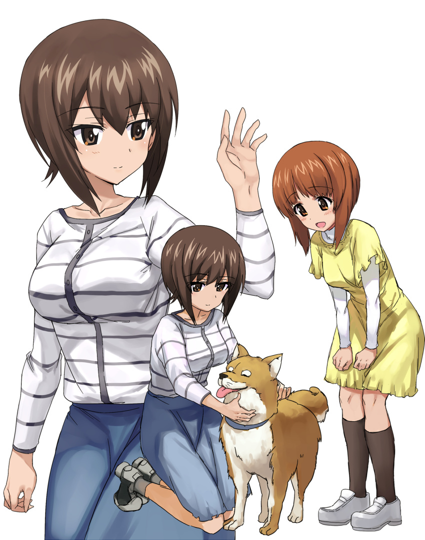 2girls ashiwara_yuu bangs black_legwear black_shoes blue_skirt blush casual cowboy_shot dog dress full_body girls_und_panzer hands_on_own_knees highres kneeling layered_dress leaning_forward light_smile long_sleeves looking_at_another multiple_girls multiple_views nishizumi_maho nishizumi_miho official_style open_mouth petting shirt shoes short_hair short_over_long_sleeves siblings simple_background sisters skirt smile socks standing striped striped_shirt t-shirt waving white_background white_shirt white_shoes yellow_dress