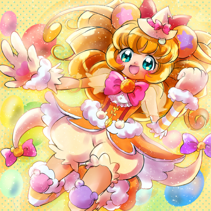1girl animal_ears arm_warmers bear_ears bloomers blue_eyes bow brooch brown_hair cure_mofurun full_body gloves hat highres jewelry long_hair looking_at_viewer magical_girl mahou_girls_precure! mini_hat mini_witch_hat mofurun_(mahou_girls_precure!) orange_shoes orange_skirt personification pink_bow polka_dot polka_dot_background precure shoes single_thighhigh skirt smile solo sushineta thigh-highs underwear witch_hat yellow_background yellow_hat