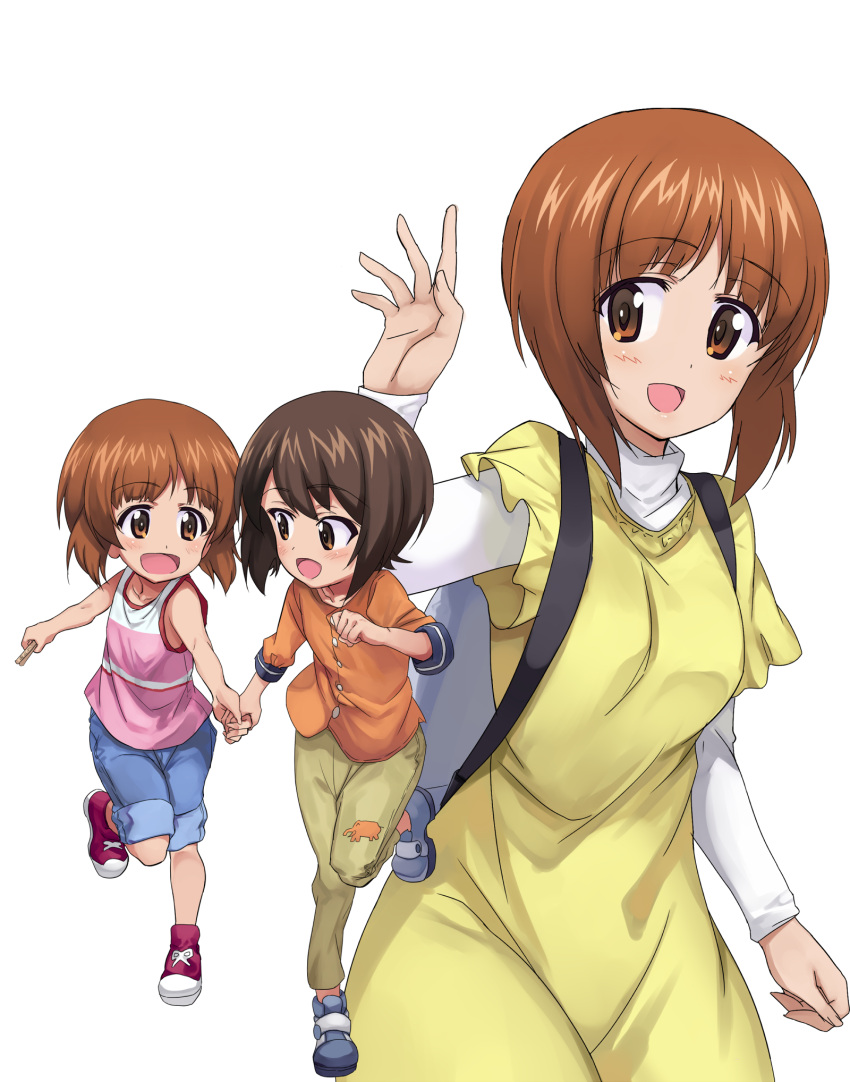 2girls ashiwara_yuu backpack bag blush brown_eyes brown_hair casual cowboy_shot dress full_body girls_und_panzer hand_holding highres layered_clothing looking_at_another multiple_girls multiple_views nishizumi_maho nishizumi_miho official_style pants pants_rolled_up running shirt shoes short_hair short_over_long_sleeves siblings simple_background sisters standing tank_top waving white_background yellow_dress younger