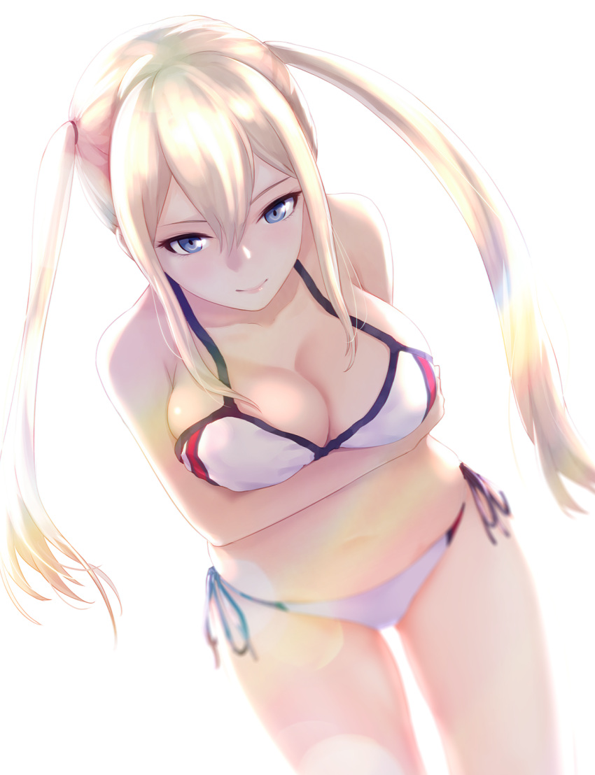 1girl bikini blonde_hair blue_eyes breast_hold breasts cleavage graf_zeppelin_(kantai_collection) hair_between_eyes highres infinote kantai_collection large_breasts long_hair looking_at_viewer side-tie_bikini sidelocks simple_background smile solo swimsuit twintails white_background white_bikini