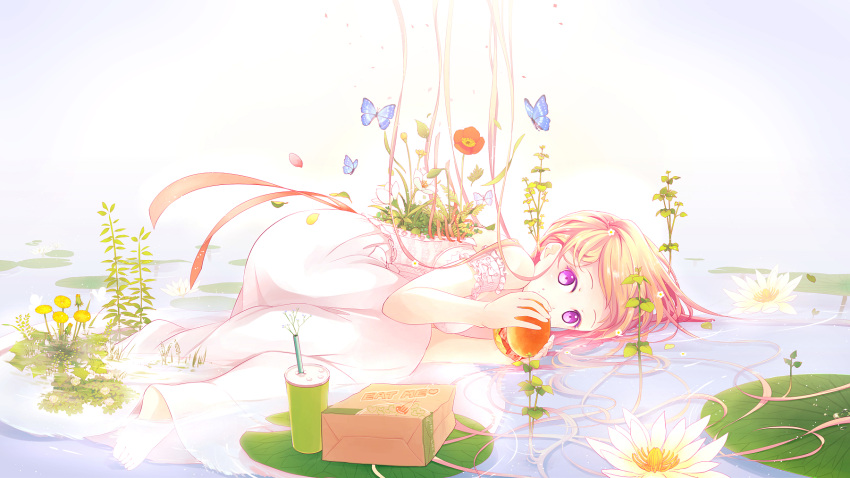 1girl ahira_yuzu bag bare_shoulders barefoot breasts butterfly corset dandelion dress drinking_straw english flower food full_body hamburger heart highres holding holding_food lily_pad long_hair looking_at_viewer lotus lying medium_breasts on_side orange_hair original paper_bag partially_submerged petals plastic_cup poppy_(flower) solo violet_eyes water white_dress