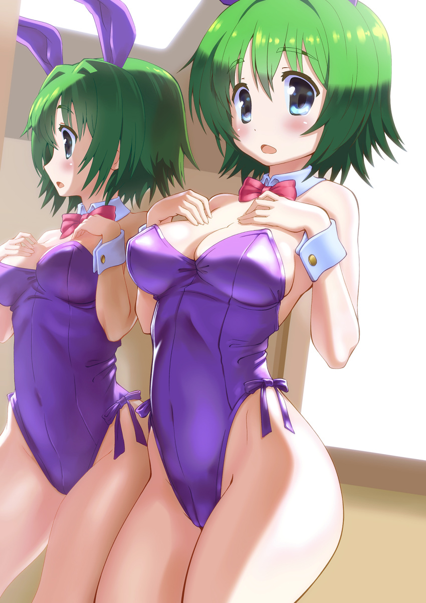 00s 1girl animal_ears bare_shoulders blue_eyes bow bowtie breasts bunny_girl bunny_tail bunnysuit comic_party detached_collar eyebrows eyebrows_visible_through_hair green_hair hands_on_own_chest highres minawa_(hemo) mirror ooba_eimi pantyhose rabbit_ears reflection revision short_hair solo standing tail wrist_cuffs
