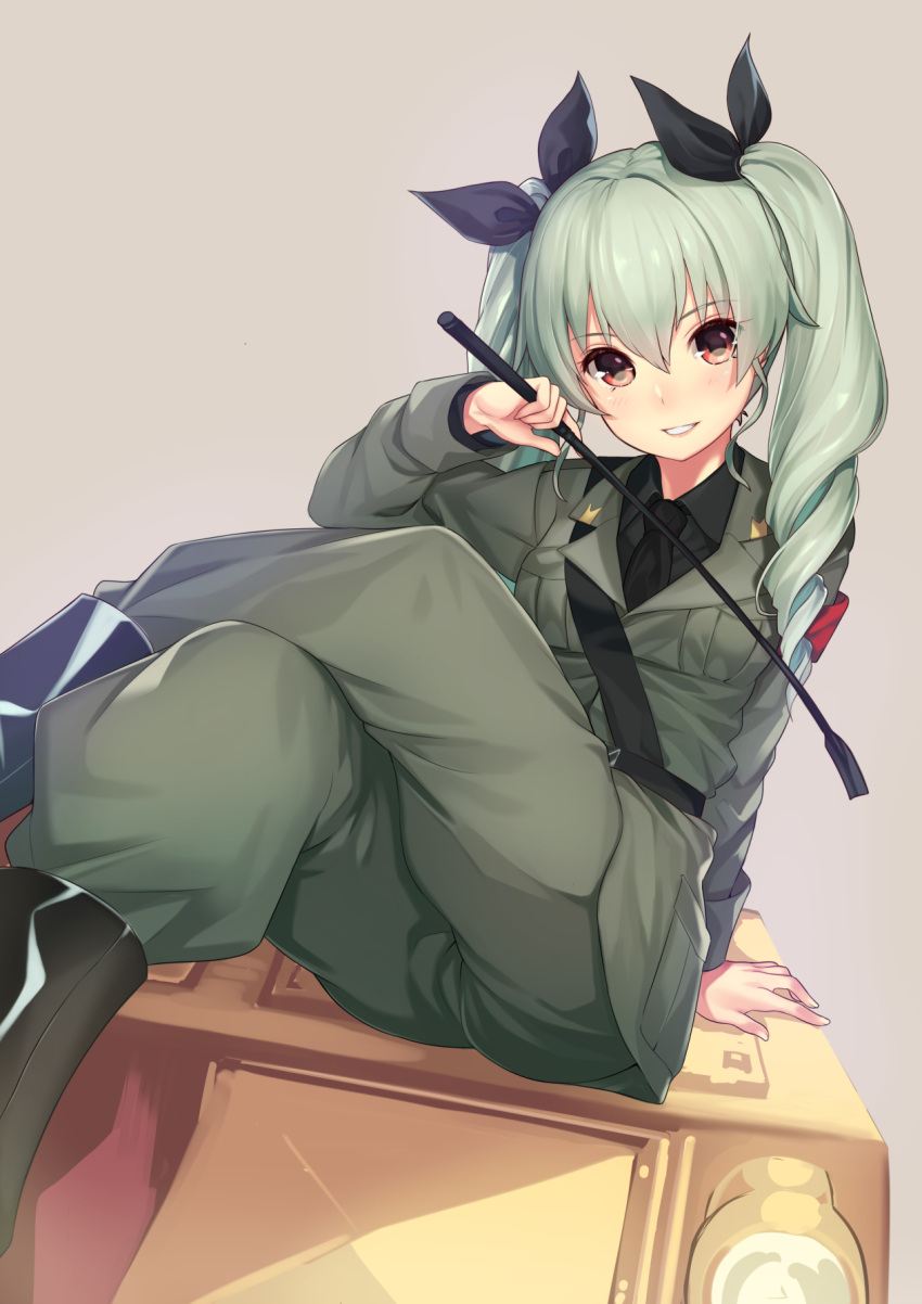 1girl anchovy aqua_hair arm_at_side arm_support armband beige_background black_necktie black_ribbon black_shirt boots breasts brown_boots collared_shirt drill_hair girls_und_panzer green_jacket green_pants ground_vehicle hair_ribbon highres jacket kagematsuri knee_boots legs_crossed long_hair long_sleeves looking_at_viewer military military_uniform military_vehicle motor_vehicle necktie pants parted_lips red_eyes ribbon riding_crop shirt shoulder_belt simple_background smile solo tank teeth twin_drills twintails uniform wing_collar