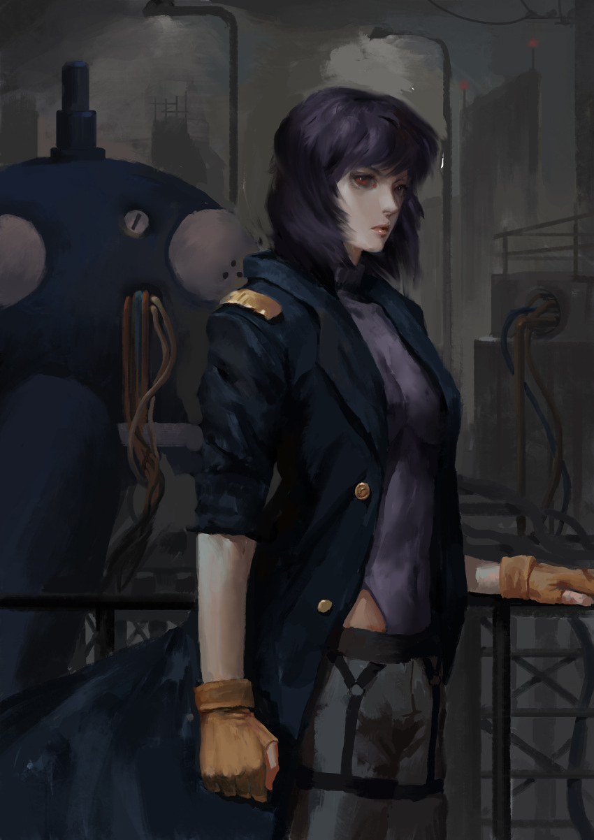 1045335316 1girl absurdres black_jacket breasts building buttons cable city clenched_hand closed_mouth coat covered_navel cowboy_shot expressionless fingerless_gloves from_side ghost_in_the_shell ghost_in_the_shell_stand_alone_complex gloves harness highres impossible_clothes impossible_leotard jacket kusanagi_motoko lamppost leotard lips looking_at_viewer looking_back mecha medium_breasts night o-ring_bottom open_clothes open_jacket orange_gloves outdoors pants purple_hair railing red_eyes short_hair skin_tight skyscraper sleeves_rolled_up standing tachikoma thigh_strap trench_coat turtleneck unbuttoned