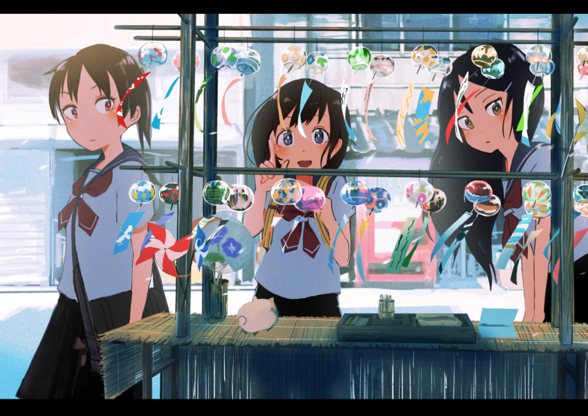 3girls backpack bag black_hair black_skirt blue_eyes brown_eyes brown_hair building fan handbag inami_hatoko long_hair multiple_girls neckerchief open_mouth original outdoors paper_fan pinwheel pointing pointing_up school_bag school_uniform serafuku short_hair shoulder_bag skirt smile uchiwa wind_chime