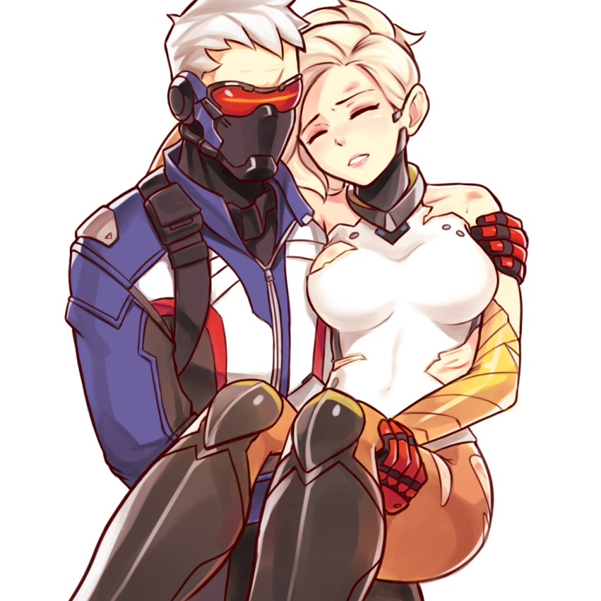 1boy 1girl bare_shoulders blonde_hair blush bodysuit breasts carrying closed_eyes collarbone face_mask facial_mark gloves high_ponytail injury jacket large_breasts lips mask mechanical_halo mercy_(overwatch) no_wings overwatch pantyhose parted_lips princess_carry short_hair sieyarelow simple_background soldier:_76_(overwatch) torn_clothes visor white_background white_hair wince
