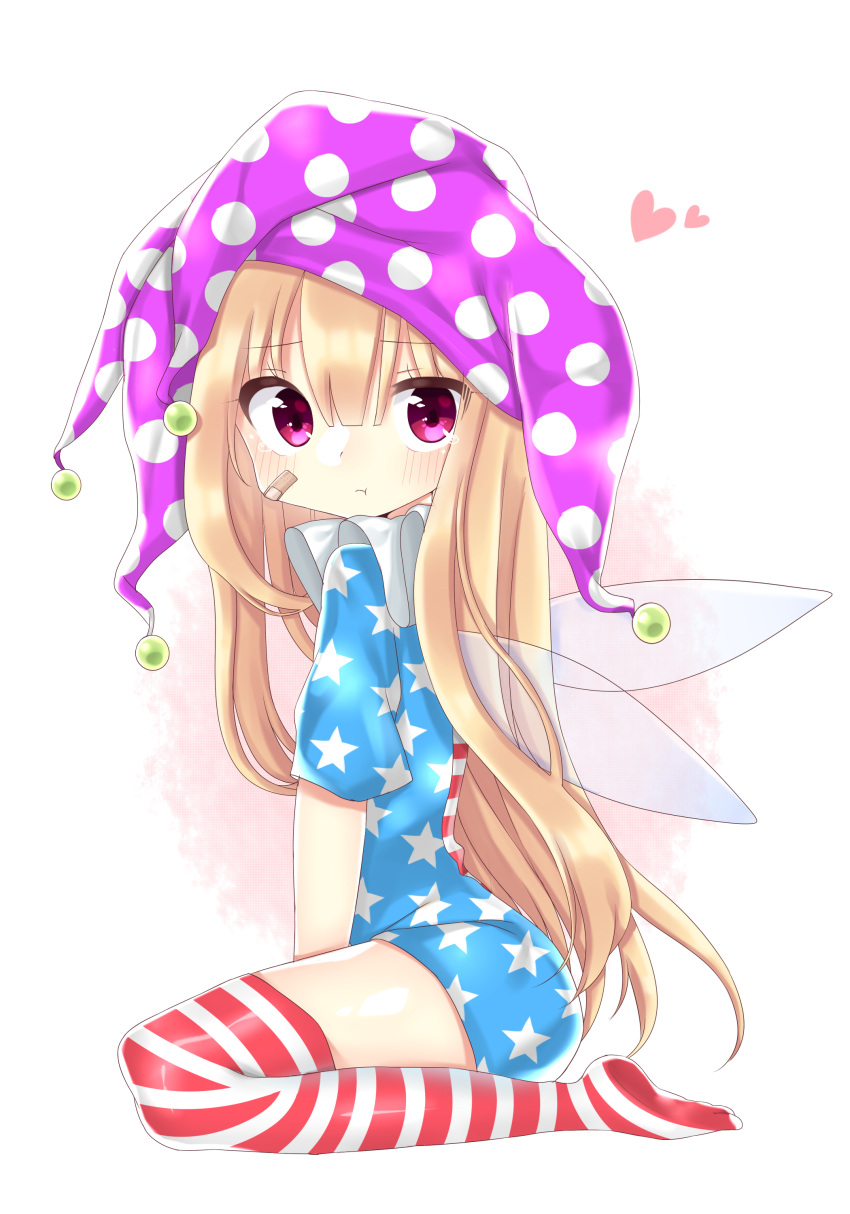 1girl absurdres american_flag_dress american_flag_legwear arched_back bandaid bandaid_on_face blonde_hair blush cheunes clownpiece dress fairy_wings from_side full_body hat heart highres jester_cap long_hair looking_at_viewer pouty_lips shiny shiny_clothes shiny_hair short_dress simple_background sitting solo tearing thigh-highs thighs touhou very_long_hair wariza white_background wings zettai_ryouiki