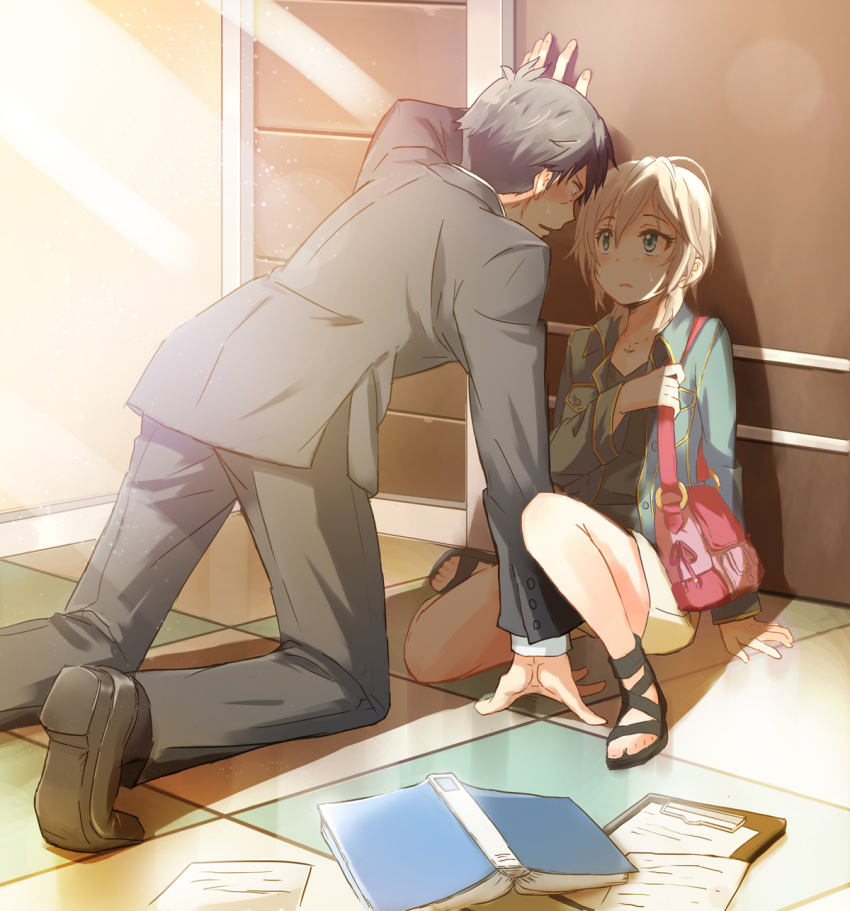 1boy 1girl against_wall anastasia_(idolmaster) arm_support bag bangs black_hair black_jacket black_pants blue_eyes blue_jacket blush book brown_shoes clipboard eye_contact formal hetero highres idolmaster idolmaster_cinderella_girls indoors jacket jewelry kneeling lens_flare light_frown light_rays long_sleeves looking_at_another marimo_(momiage) miniskirt necklace necktie nervous no_socks on_floor open_clothes open_jacket pants paper producer_(idolmaster_cinderella_girls_anime) sandals shoes short_hair shoulder_bag silver_hair sitting skirt suit tile_floor tiles wall_slam