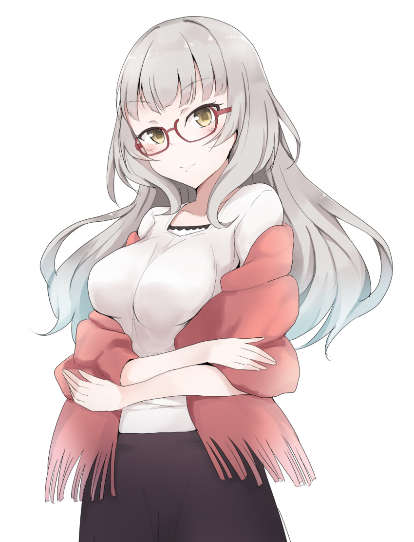 1girl breasts brown_eyes crossed_arms glasses hazuki_shizuku highres long_hair new_game! semi-rimless_glasses seseri7th shawl silver_hair simple_background solo